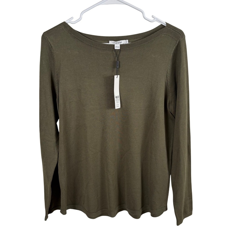 NWT Chico's Pullover Sweater Women's 1/M Olive Green Boat Neck Minimalist Earthy